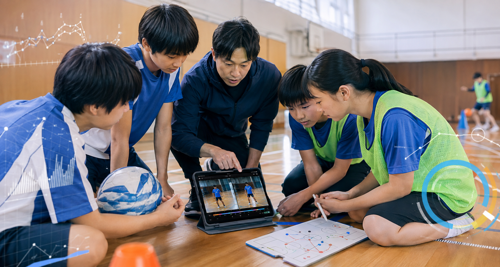 タブレットを使ってスポーツデータを分析する生徒